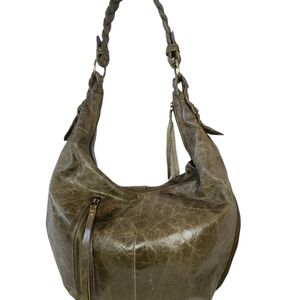 NINO BOSSI EXPANDABLE  DISTRESSED LEATHER GREEN WOVEN STRAP TASSEL HOBO  PURSE